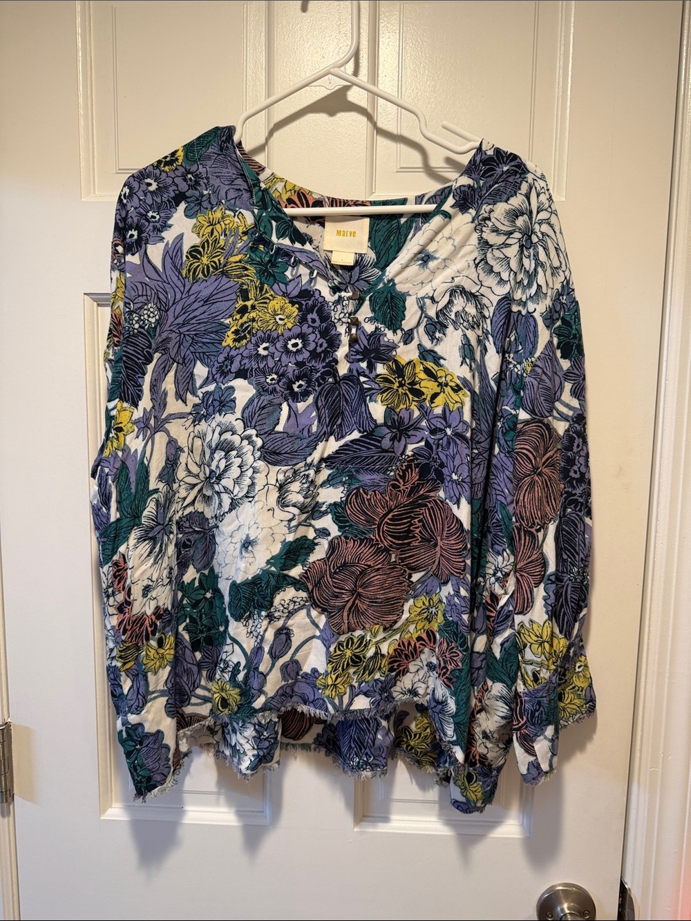 Maeve Floral V-Neck Long Sleeve Top in Purple, Green, Yellow & White